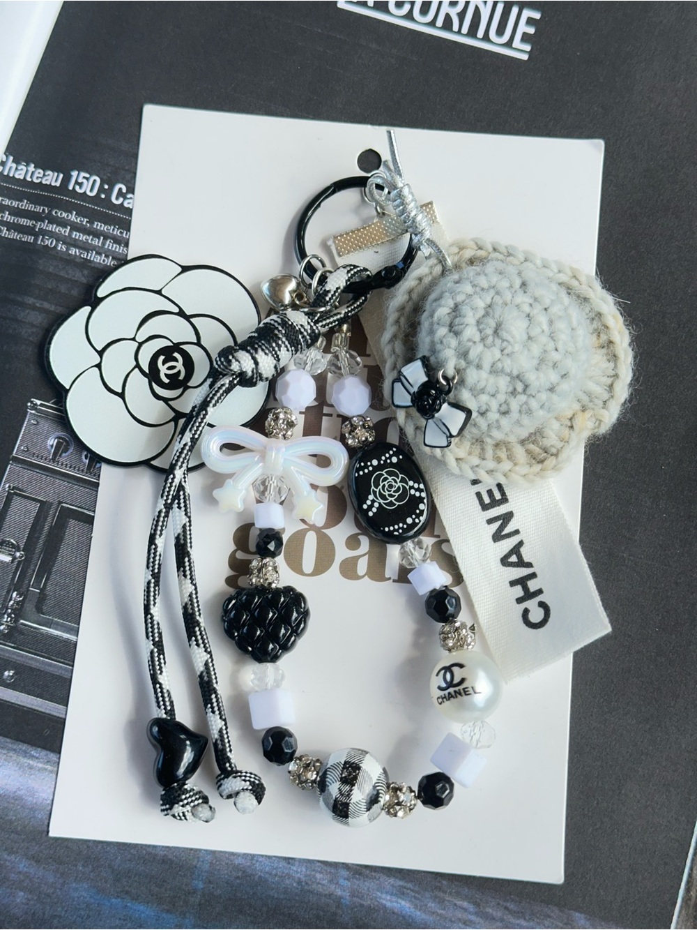 Authentic CC Ribbon with unbranded White & Black Beaded Bag Charm